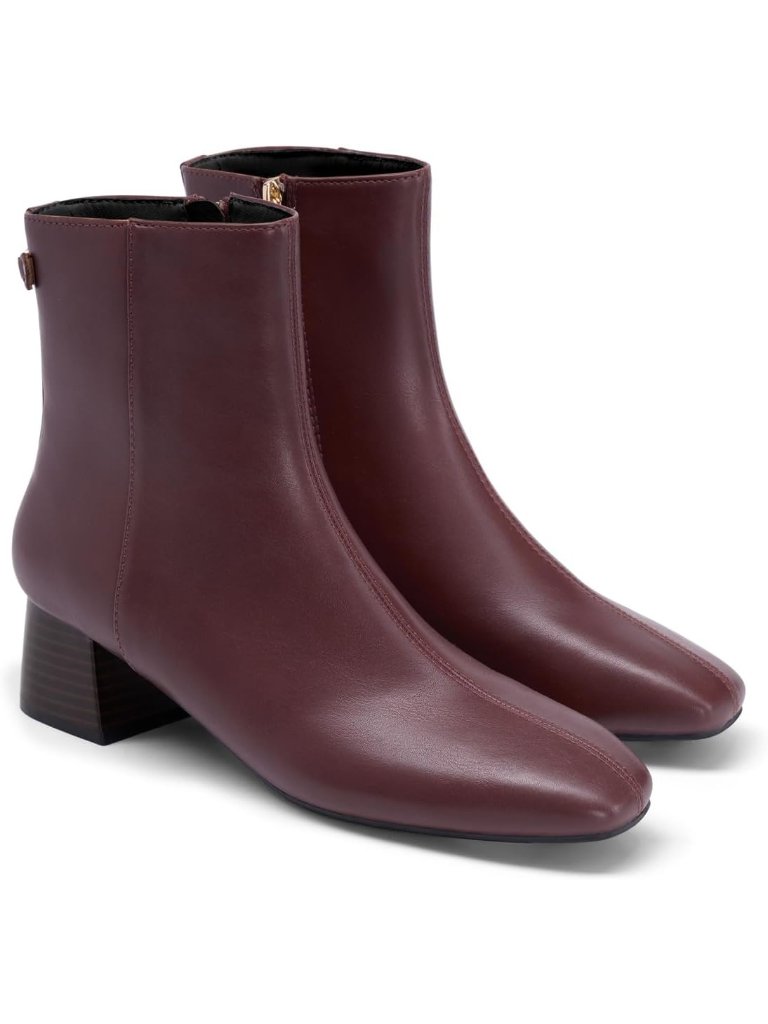 Women's Wine Red Faux Suede Chunky Low Heel Square Toe Side Zipper Ankle Boots